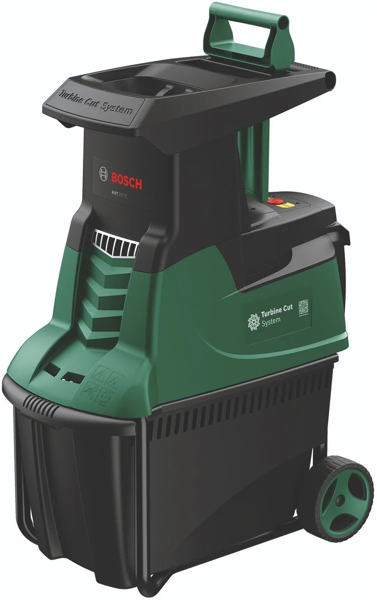 Садовий подрібнювач Bosch AXT 25 TC, потужність 2500 Вт, 40 об/хв, максимальний діаметр гілок 45 мм, об'єм контейнера 53 л, вага 3