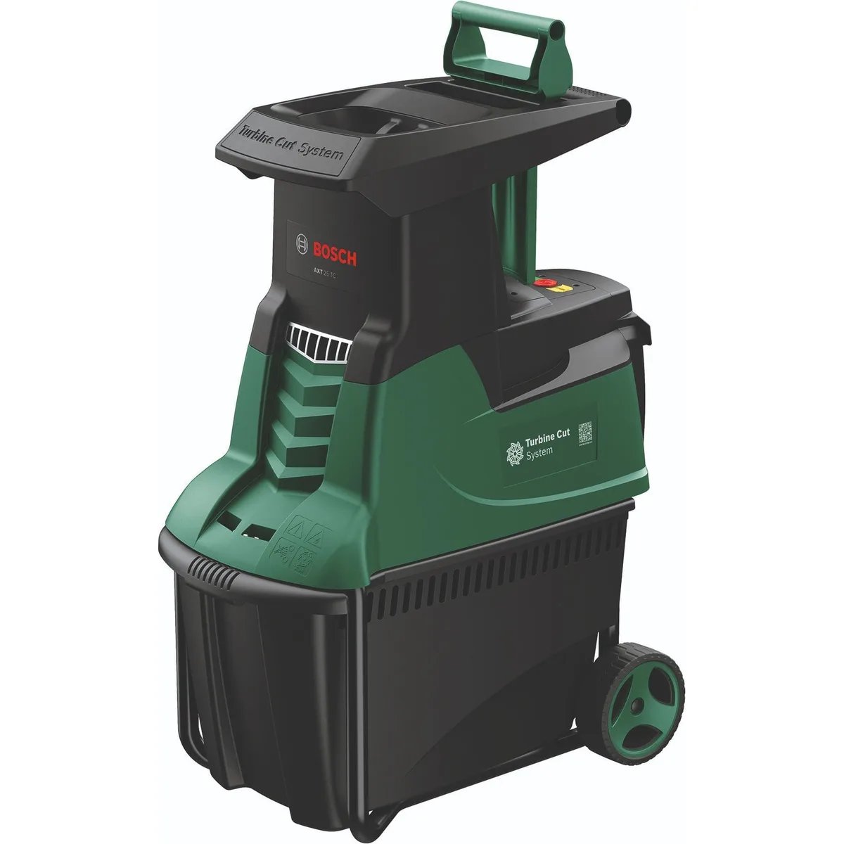Садовий подрібнювач Bosch AXT 25 TC, потужність 2500 Вт, 40 об/хв, максимальний діаметр гілок 45 мм, об'єм контейнера 53 л, вага 3
