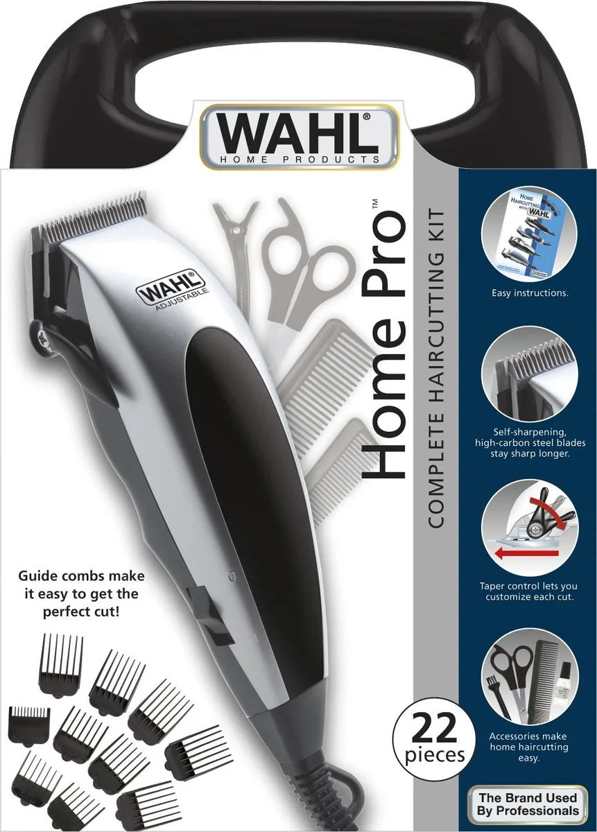 Машинка для стрижки WAHL HomePro з вібраційним мотором, 8 насадками, кейсом, ножицями та гребінцем у комплекті.
