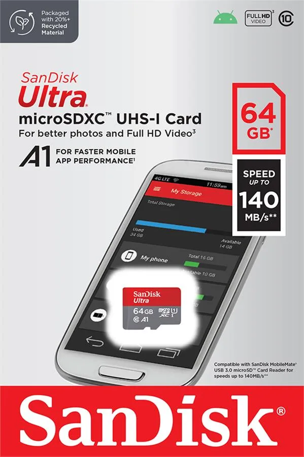 Карта памяти SanDisk microSD 64GB C10 UHS-I R140MB/s Ultra