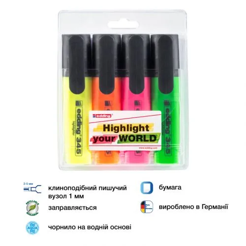 Маркер Highlighter edding набір 4 шт флуоресцентні маркери для виділення тексту