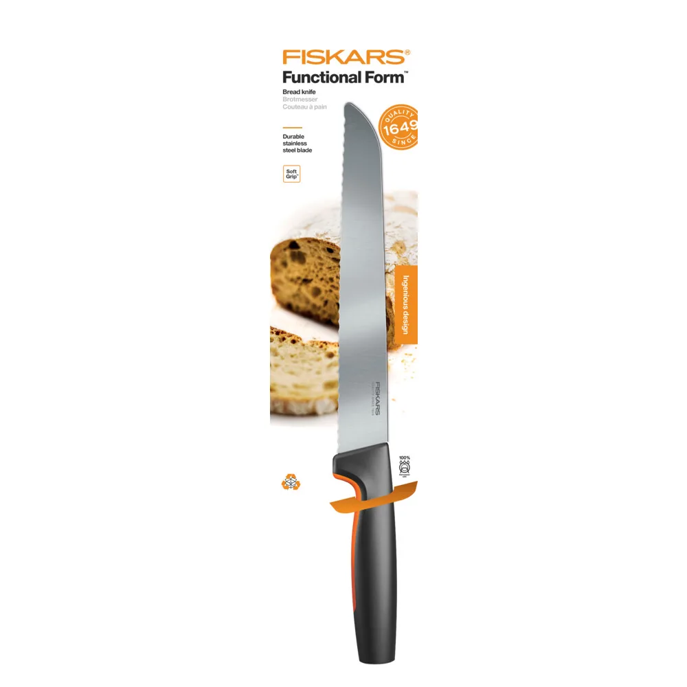 Ніж для хліба Fiskars Functional Form, 21.3 см, з нержавіючої сталі та пластиковою ручкою, чорного кольору.
