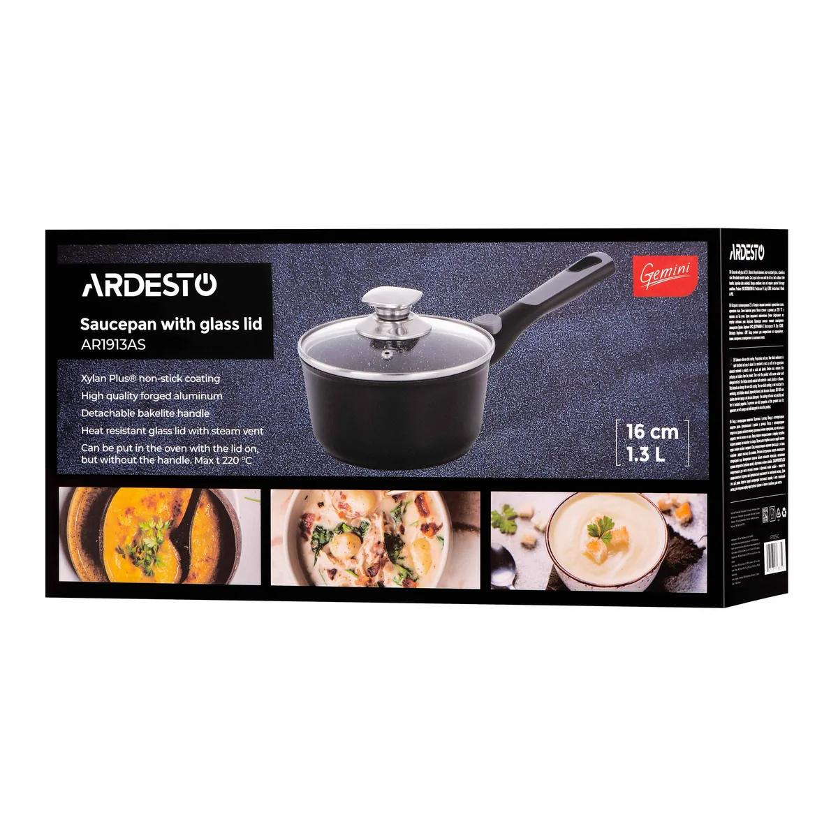 Каструля зі скляною кришкою ARDESTO Gemini Bari, 1.3л, алюміній, чорного кольору.