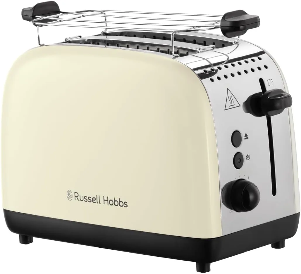 Тостер Russell Hobbs Colours Plus 1600Вт, з функціями підігріву та розморожування, металева конструкція, бежевого кольору.