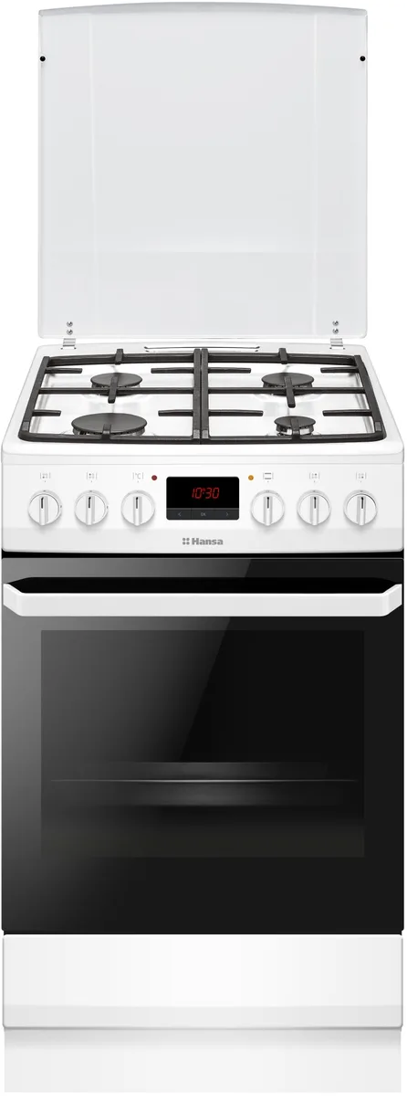 Комбінована плита Hansa, 50х60 см, 62 л, чавунні конфорки, газовий контроль, дисплей, білий.
