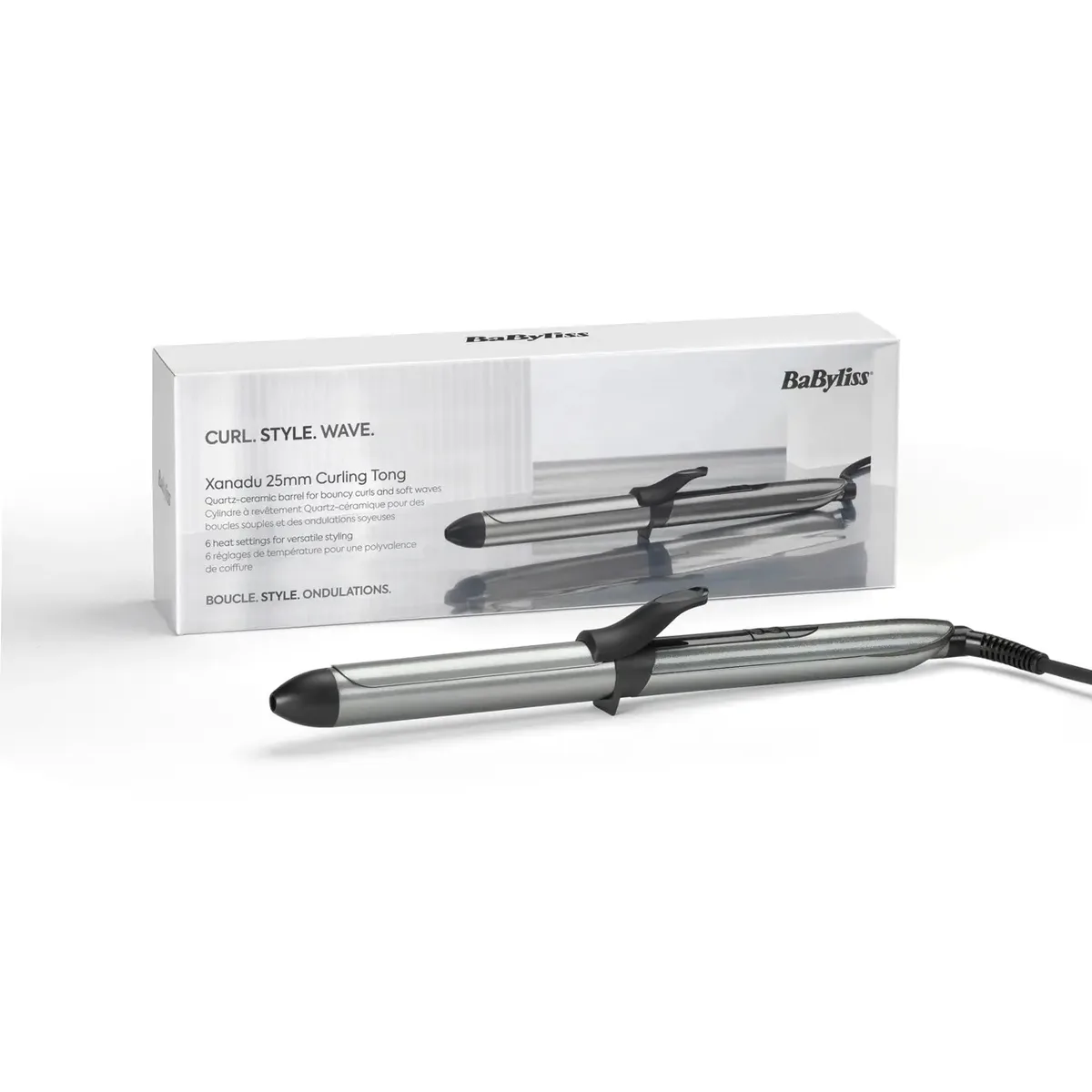 Плойка Babyliss Xanadu, 46Вт, 6 температурних режимів, діаметр 25 мм, 160-210°C, металевий корпус, сірий.