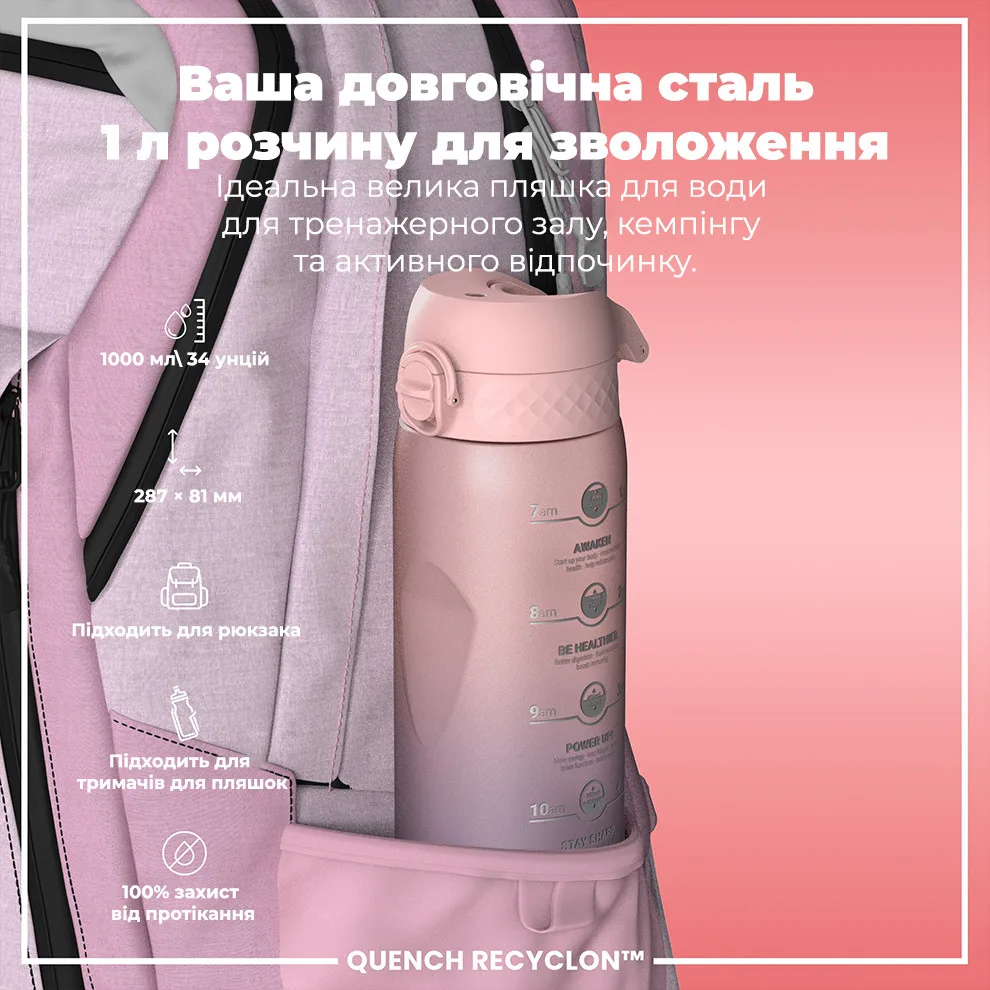 Пляшка для води ION8 харчовий пластик 1000 мл рожевий BPA Free