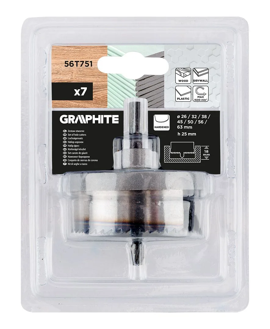 Коронки для дерева GRAPHITE з загартованими зубцями 26-63х25мм, комплект 7 шт.