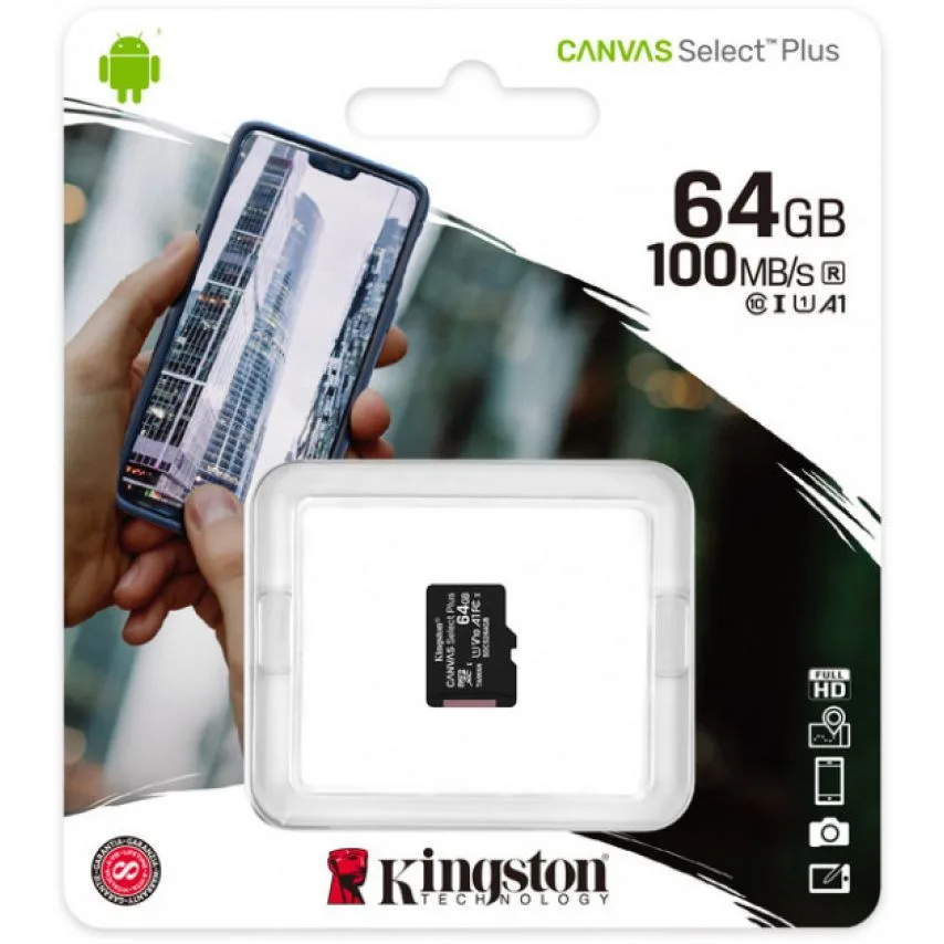 Карта пам'яті Kingston MicroSDHC 64Гб Class 10 UHS-I Чорна