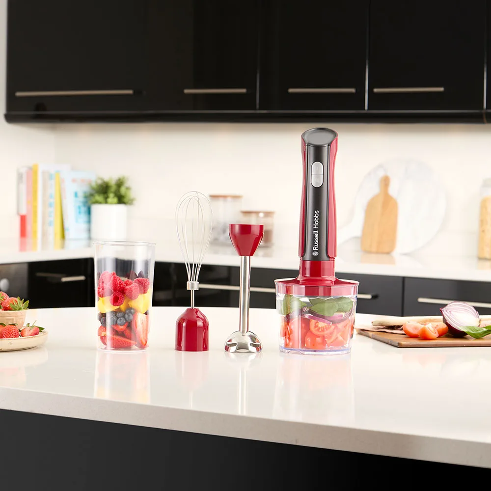 Занурювальний блендер Russell Hobbs Desire Red, потужність 500 Вт, чаша 500 мл, вінчик, міні-подрібнювач, червоного кольору.