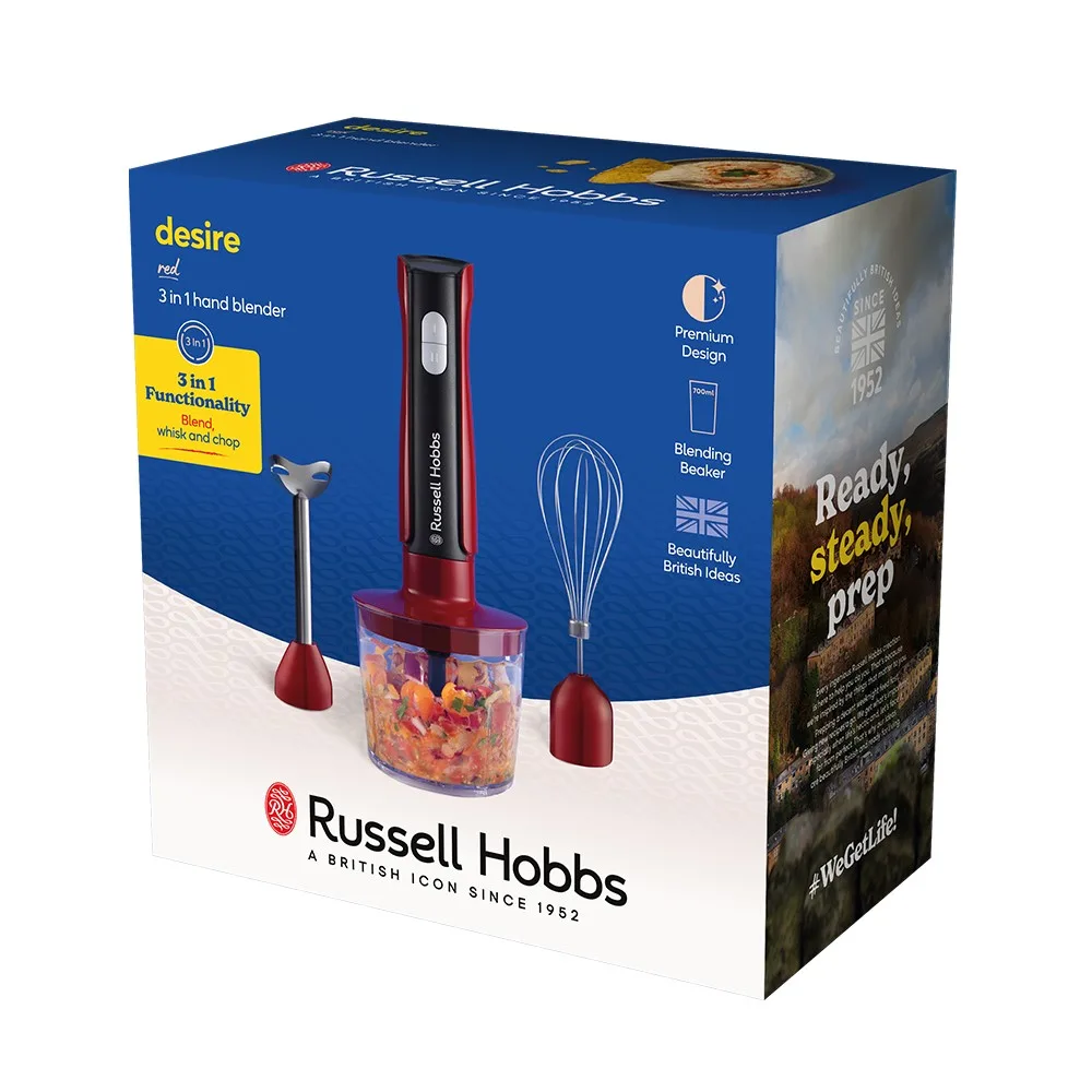 Занурювальний блендер Russell Hobbs Desire Red, потужність 500 Вт, чаша 500 мл, вінчик, міні-подрібнювач, червоного кольору.