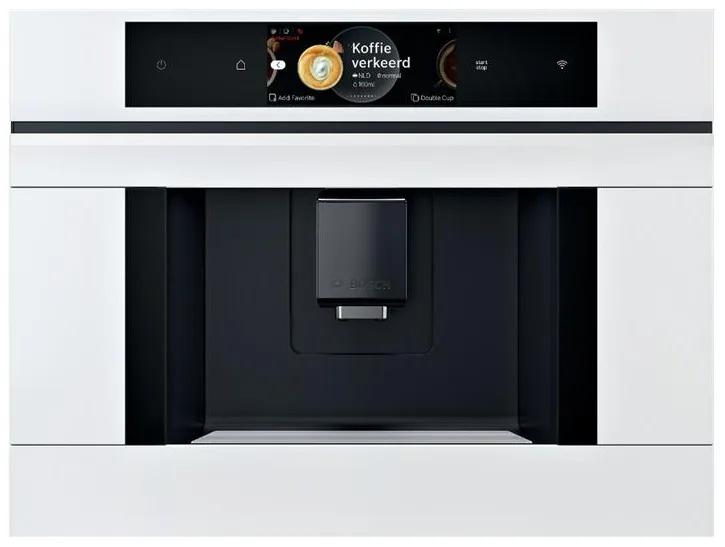 Вбудована кавомашина Bosch, 2.4л, для зернової та меленої кави, автоматичне приготування капучино, LED-дисплей, білий колір.