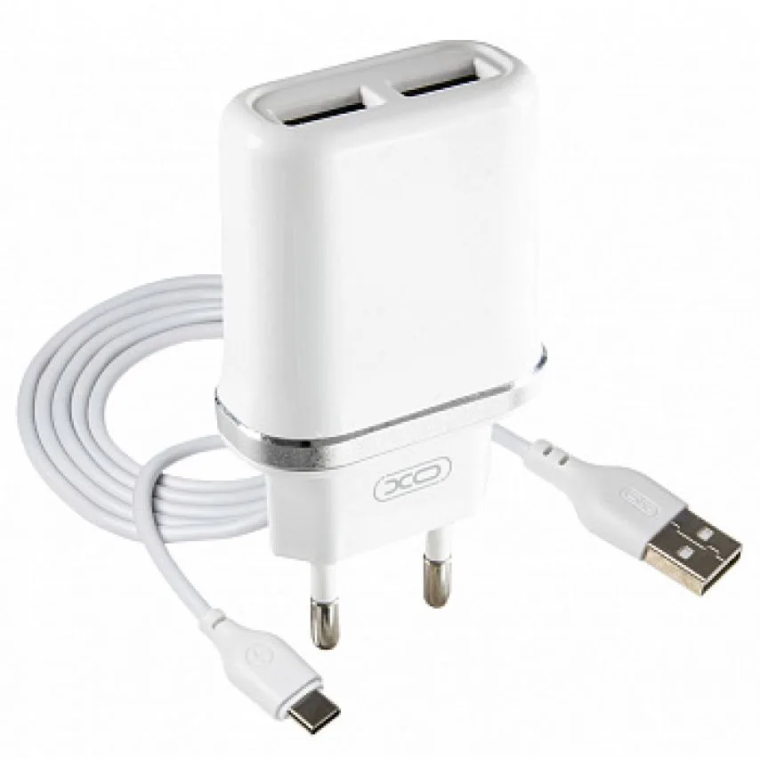 Сетевое зарядное устройство XO адаптер 2USB 2.1A с кабелем Type-C 1м белый