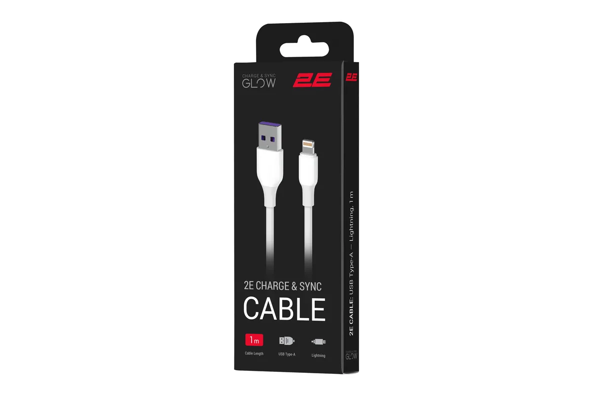 Кабель USB-A > Lightning заряджання/синхронізації 2E 1м, Glow, білий
