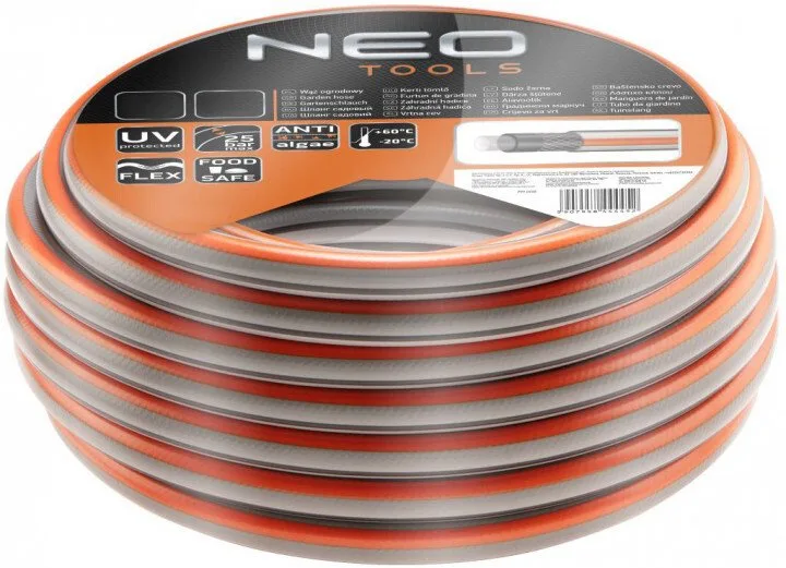 Садовий шланг Neo Tools Optima, 1/2", 20м, 4-шаровий, витримує тиск до 25 бар, температурний діапазон -20...+60°C.