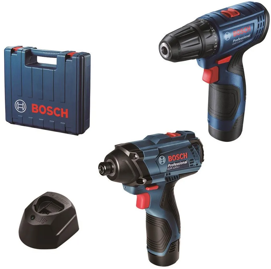 Комплект з двох акумуляторних інструментів Bosch Professional 12В: дриль-шурупокрут GSR 120-LI та ударний гайковерт.