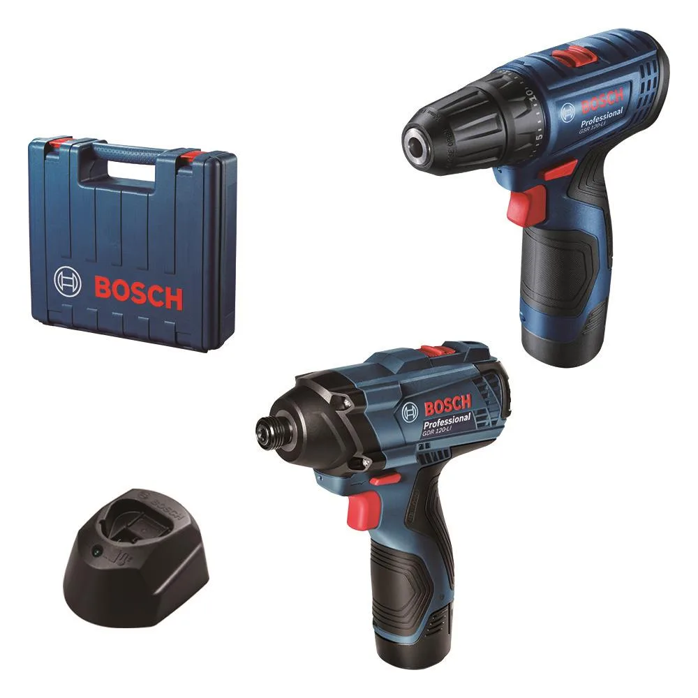 Комплект з двох акумуляторних інструментів Bosch Professional 12В: дриль-шурупокрут GSR 120-LI та ударний гайковерт.