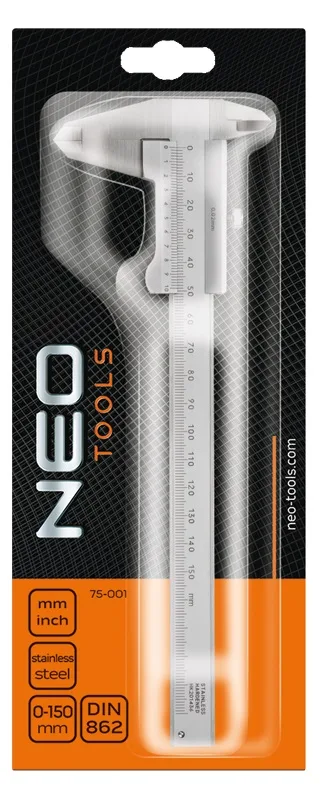 Штангенциркуль Neo Tools, 150 мм, з нержавіючої сталі, сертифікований за стандартом DIN.