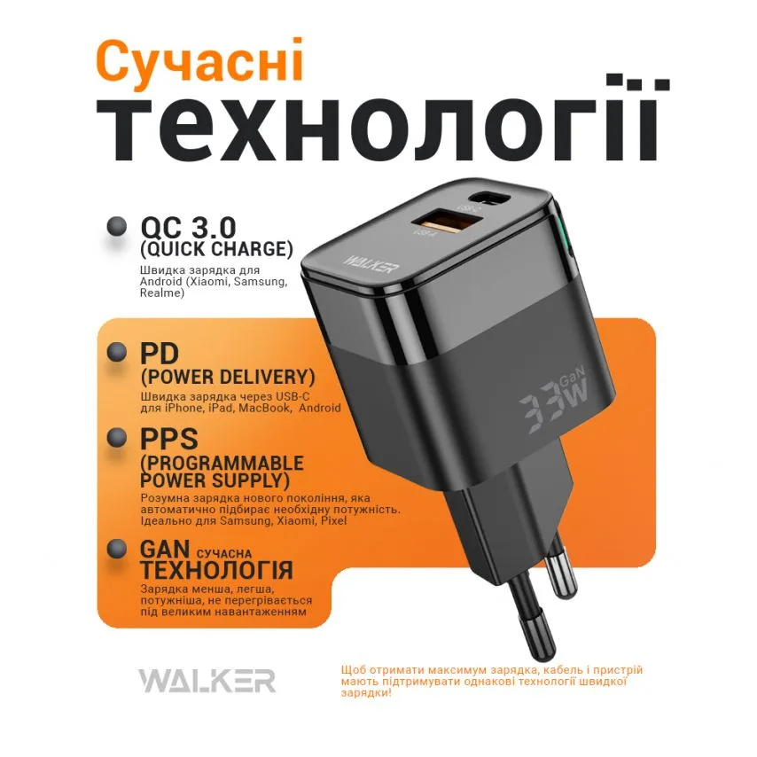 Мережевий зарядний пристрій WALKER 33W GaN Type-C USB 34х30х61 мм Чорний