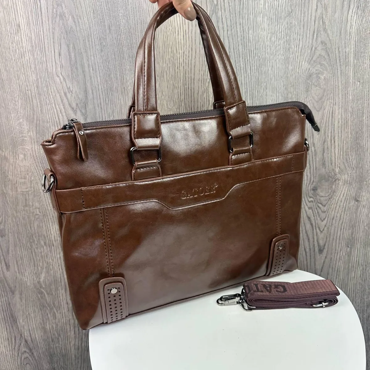 Мужской портфель для документов 38x29x8 см ПУ кожа светло-коричневый с клатчем и кошельком