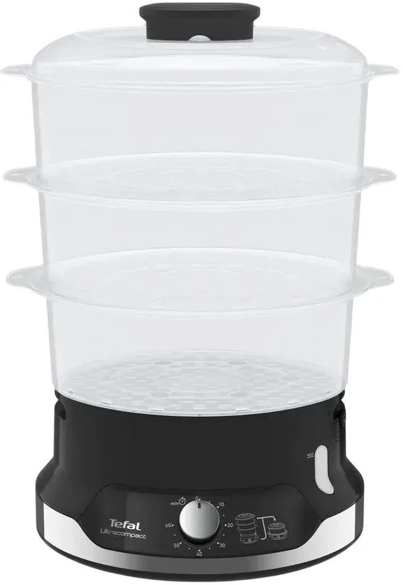 Пароварка Tefal Ultracompact, 800 Вт, об'єм 9 л, 1 л резервуар для води, механічне управління, пластиковий корпус, чорний.
