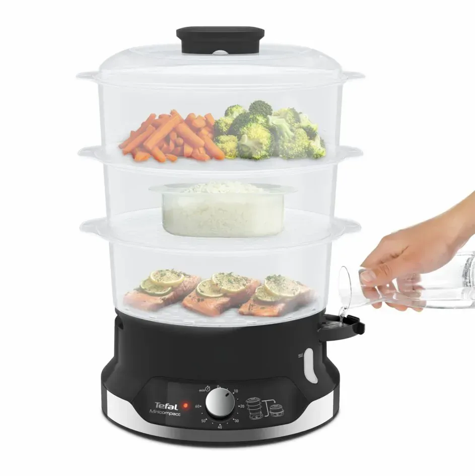 Пароварка Tefal Ultracompact, 800 Вт, об'єм 9 л, 1 л резервуар для води, механічне управління, пластиковий корпус, чорний.