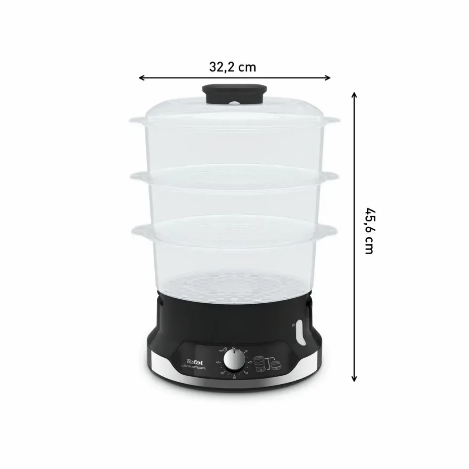 Пароварка Tefal Ultracompact, 800 Вт, об'єм 9 л, 1 л резервуар для води, механічне управління, пластиковий корпус, чорний.