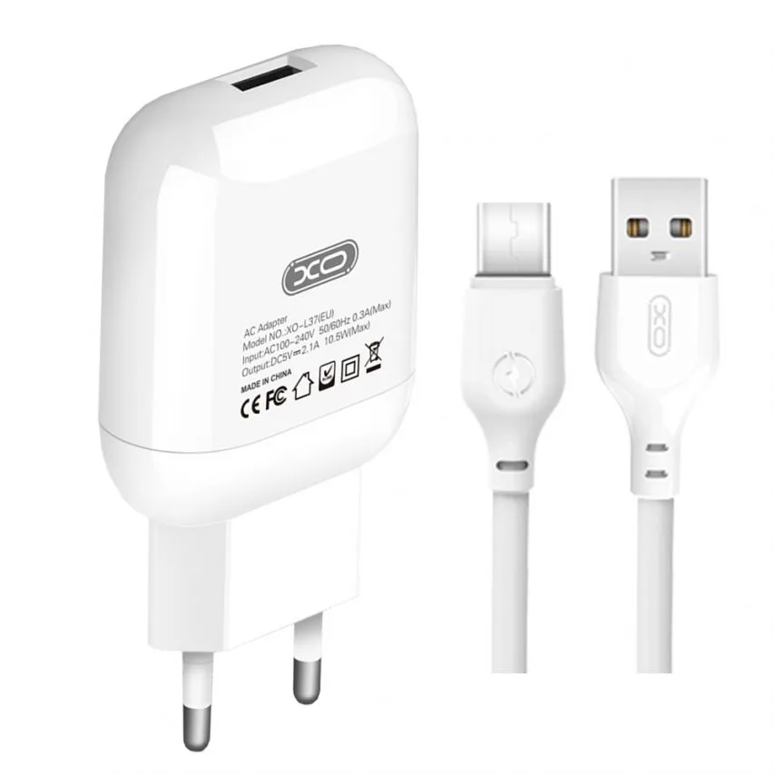 Зарядний пристрій XO 2в1 USB 2.1A Type-C 1м Білий