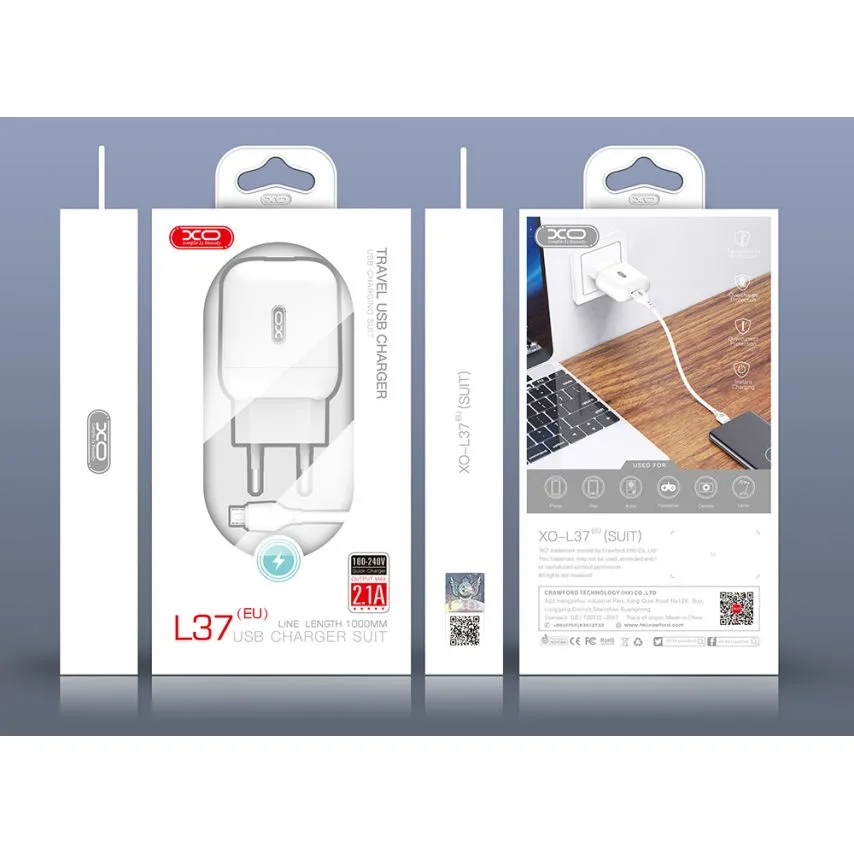 Зарядний пристрій XO 2в1 USB 2.1A Type-C 1м Білий