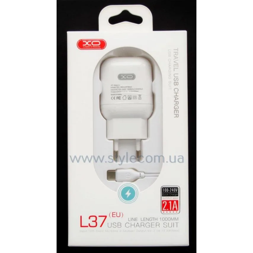 Зарядний пристрій XO 2в1 USB 2.1A Type-C 1м Білий
