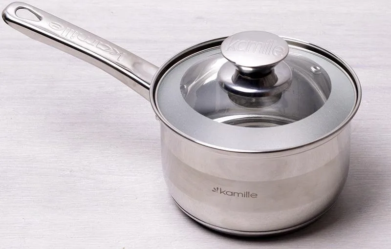 Ковш Kamille нержавіюча сталь 2,1 л 16х10,5 см зі скляною кришкою