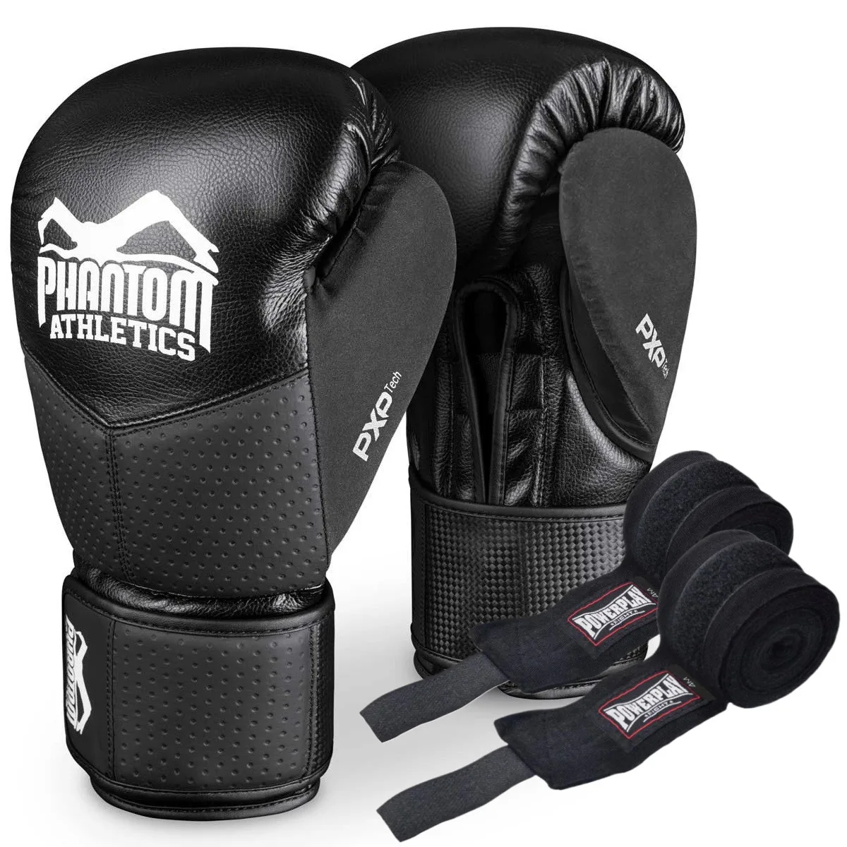 Боксерские перчатки Phantom PU 10 унций Черные с капой в комплекте.