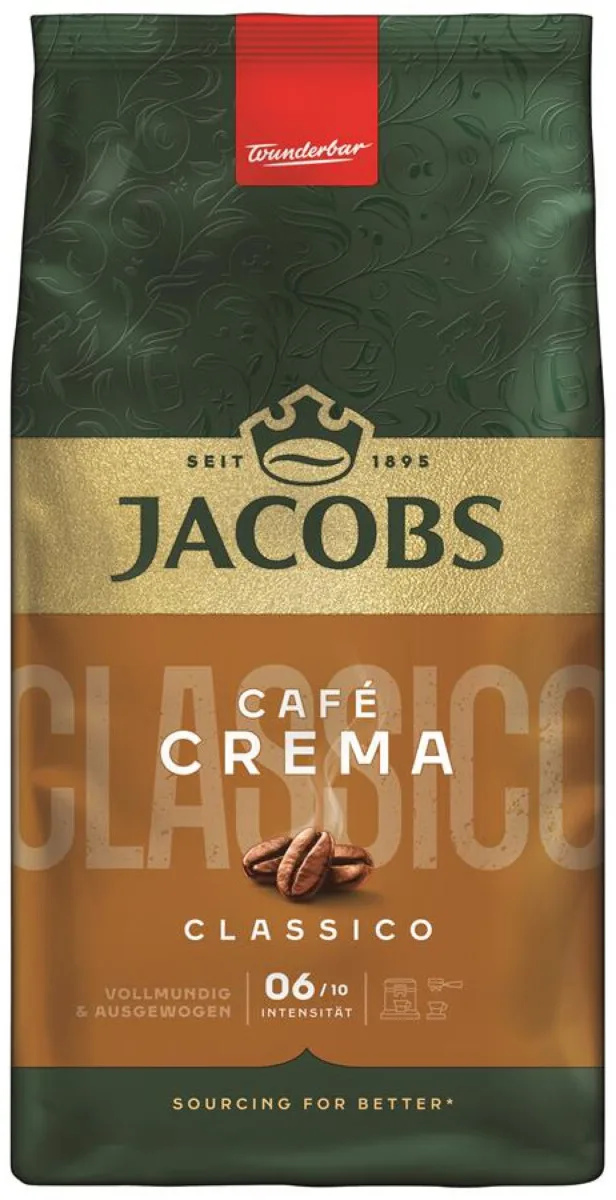 Кава Jacobs в зернах, 1000 г, Crema Classico, суміш арабіки та робусти.