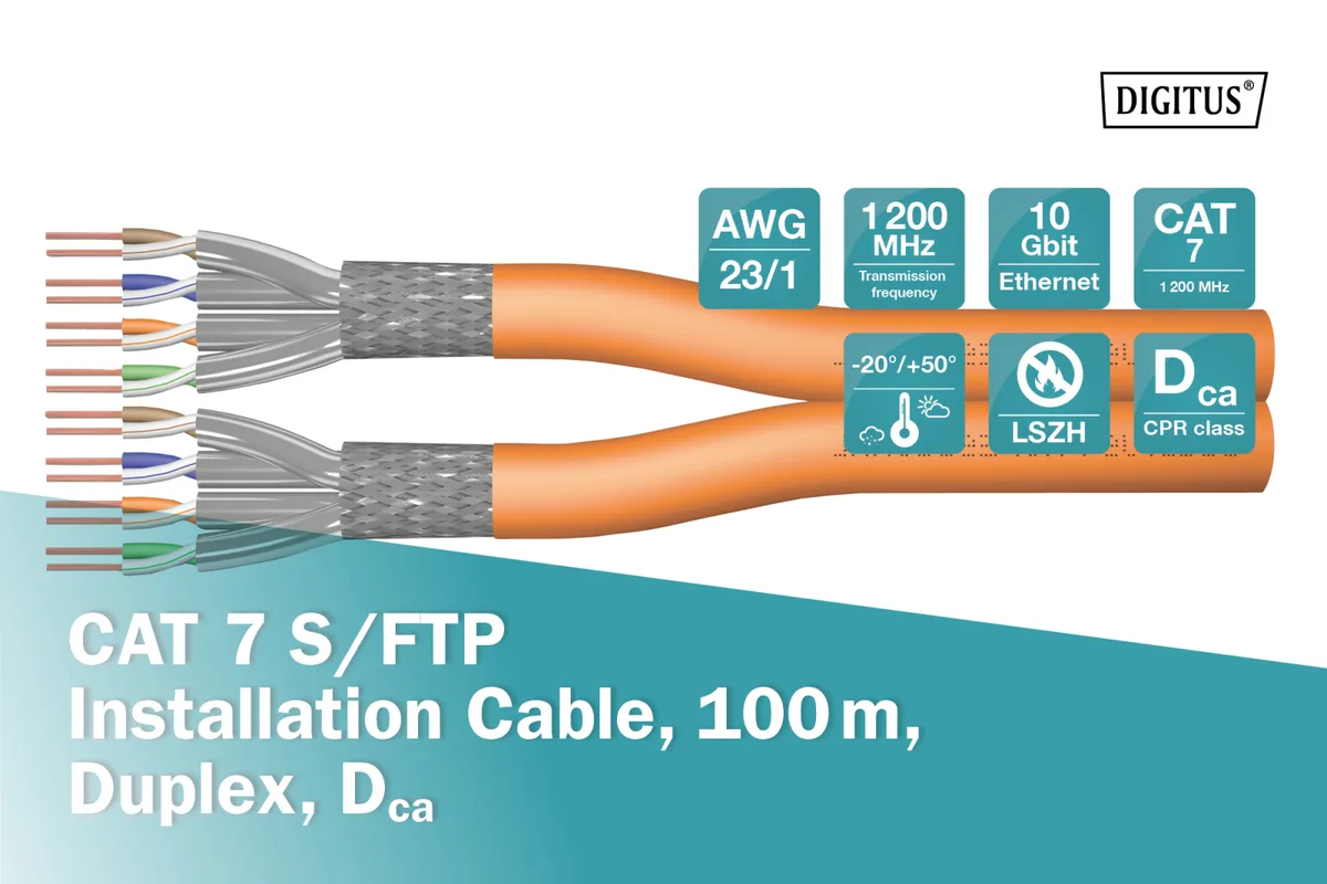 Кабель "витая пара" DIGITUS CAT 7 S-FTP, 1000м, AWG 23/1, LSZH, оранжевый.