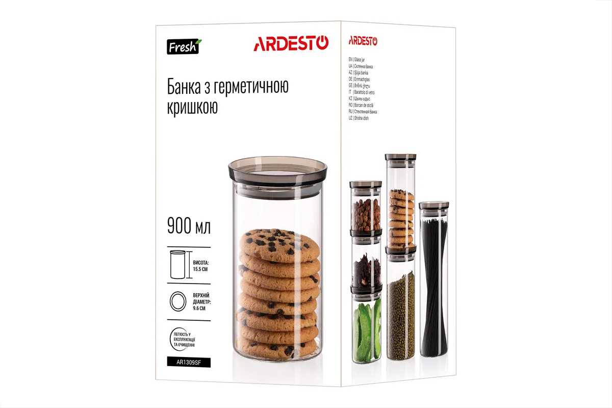 Контейнер для зберігання ARDESTO Fresh, 900 мл, скляний, пластиковий, прозорий.