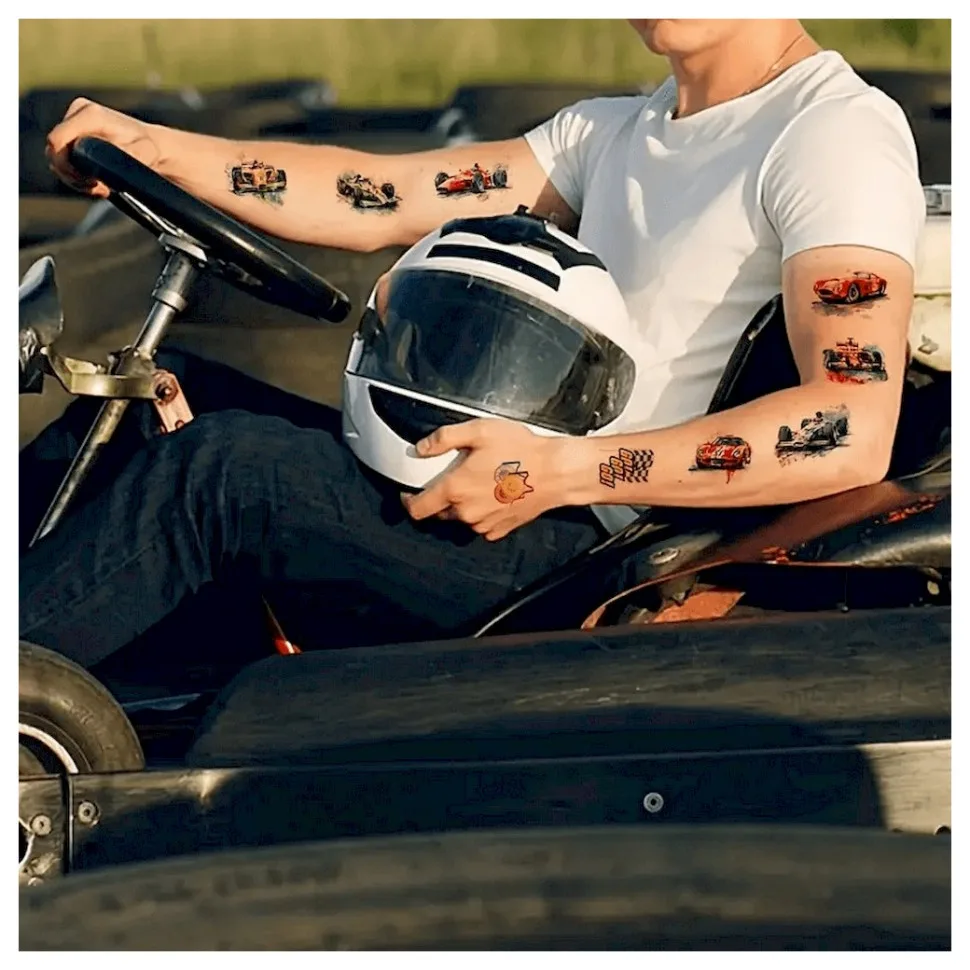 Набір тимчасових татуювань Fresh Tattoo 12х7 см Тимчасові гоночні автомобілі 10 шт