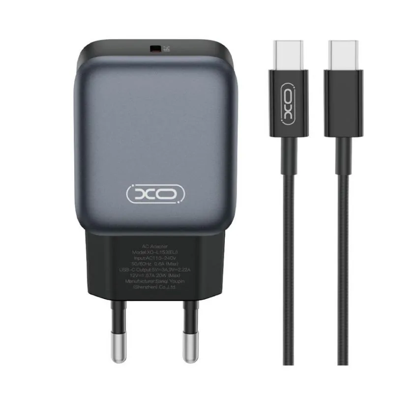 Мережевий зарядний пристрій XO ABS 83,1х40х24 мм Чорний Type-C 20W з кабелем Type-C