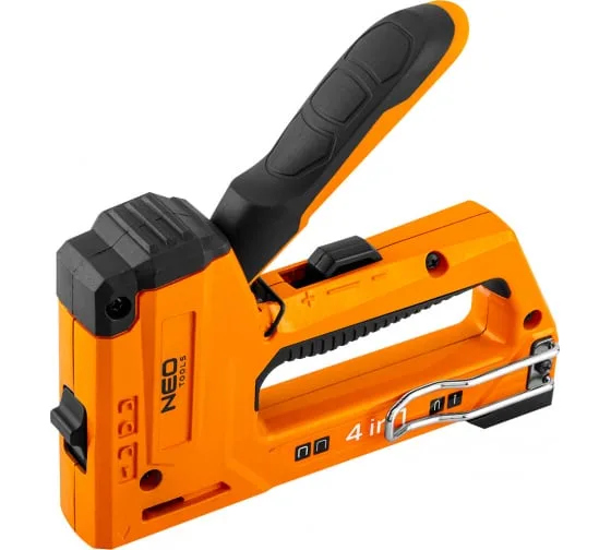 Степлер Neo Tools 4 в 1, 6-14 мм, для скоб типу J, G, L, E, алюмінієвий, з регулюванням глибини забивання.