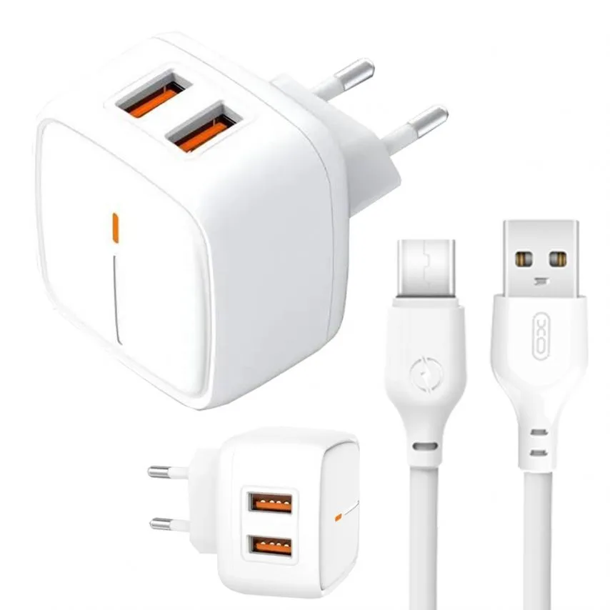 Мережевий зарядний пристрій XO адаптер 2USB 2.4A Type-C кабель 1м білий