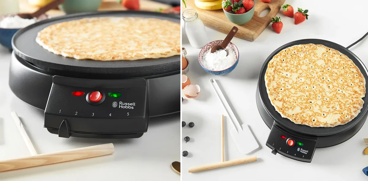 Електрична млинниця Russell Hobbs Fiesta 1000Вт, діаметр 30 см, з тефлоновим покриттям, чорного кольору.