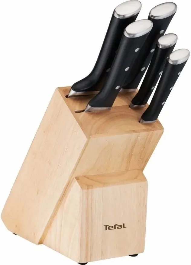 Набір кухонних ножів Tefal Ice Force, 5 предметів, з дерев'яною підставкою, з нержавіючої сталі, пластик, чорний.
