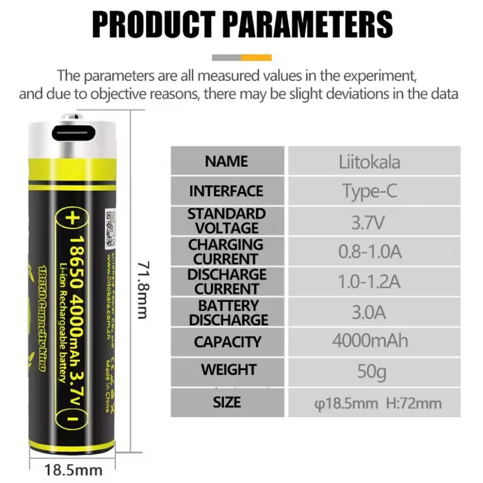 Акумулятор LiitoKala 18650 Li-ion 4000 мАг USB-C 18,6х72 мм