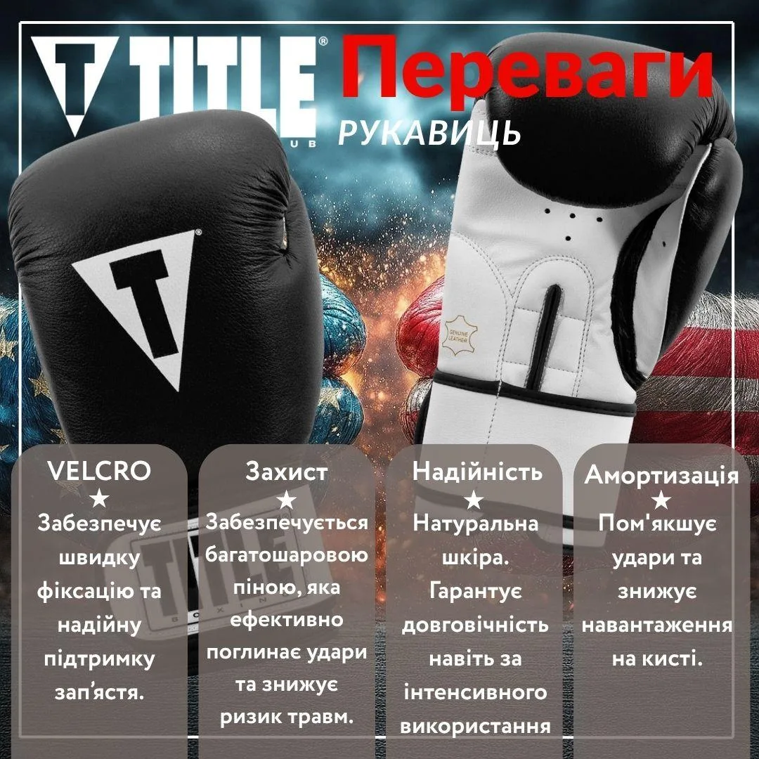 Боксерські рукавиці TITLE натуральна шкіра 16 oz чорні білий