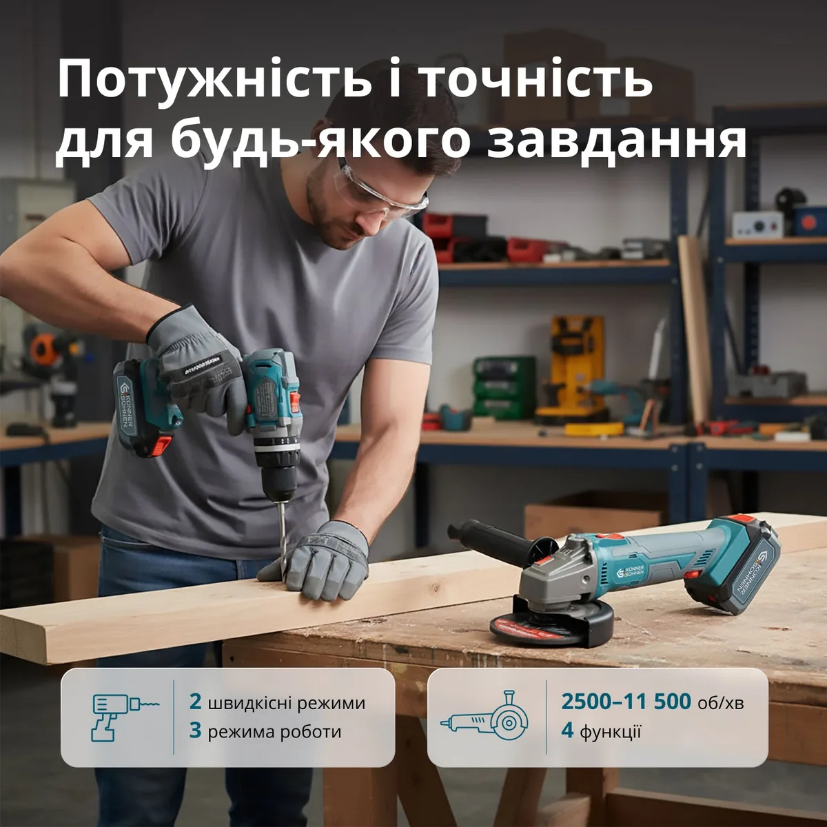 Набір з двох акумуляторних інструментів KonnerSohnen KS IDAGB 20V SET 1: ударний дриль та кутова шліфмашина 20В.