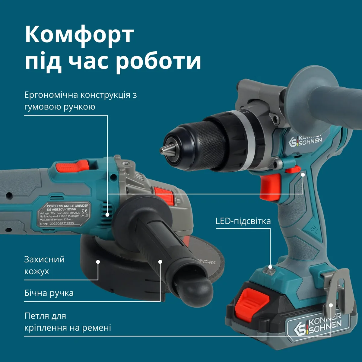 Набір з двох акумуляторних інструментів KonnerSohnen KS IDAGB 20V SET 1: ударний дриль та кутова шліфмашина 20В.