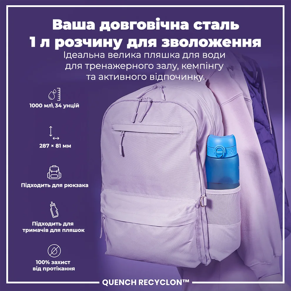 Пляшка для води ION8 Recyclon 1000 мл Блакитна Без BPA