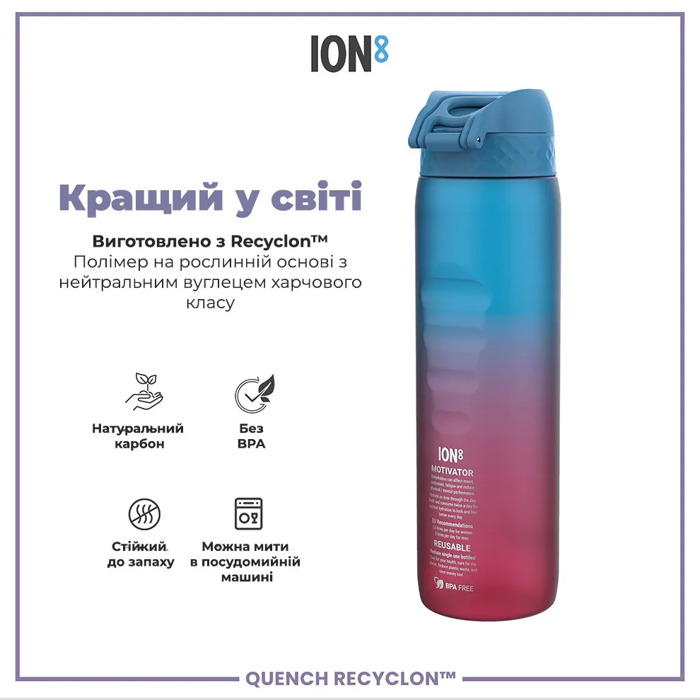Пляшка для води ION8 Recyclon 1000 мл Блакитна Без BPA