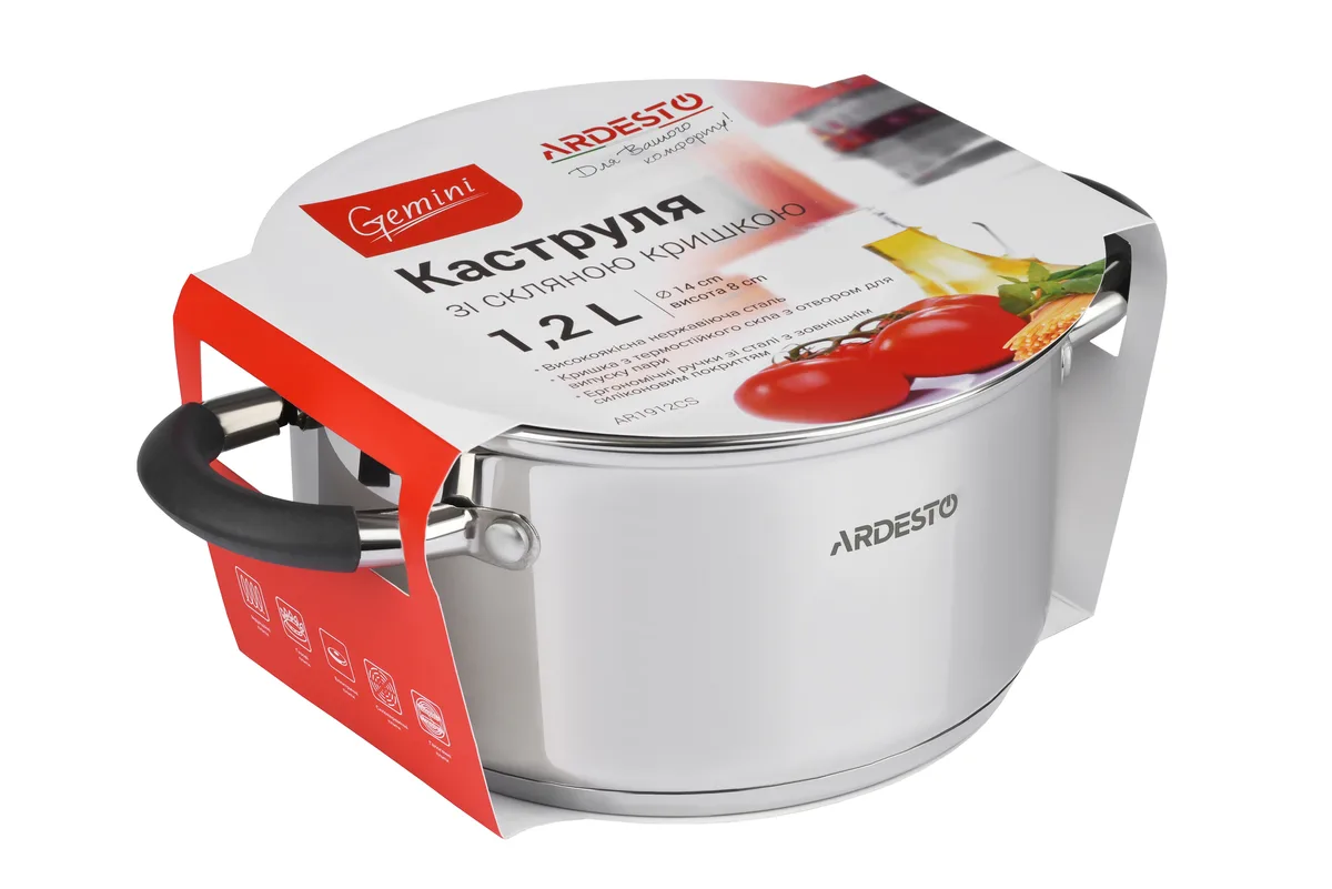 Каструля з прозорою кришкою ARDESTO Gemini Salerno, 1.2л, з нержавіючої сталі та силікону.