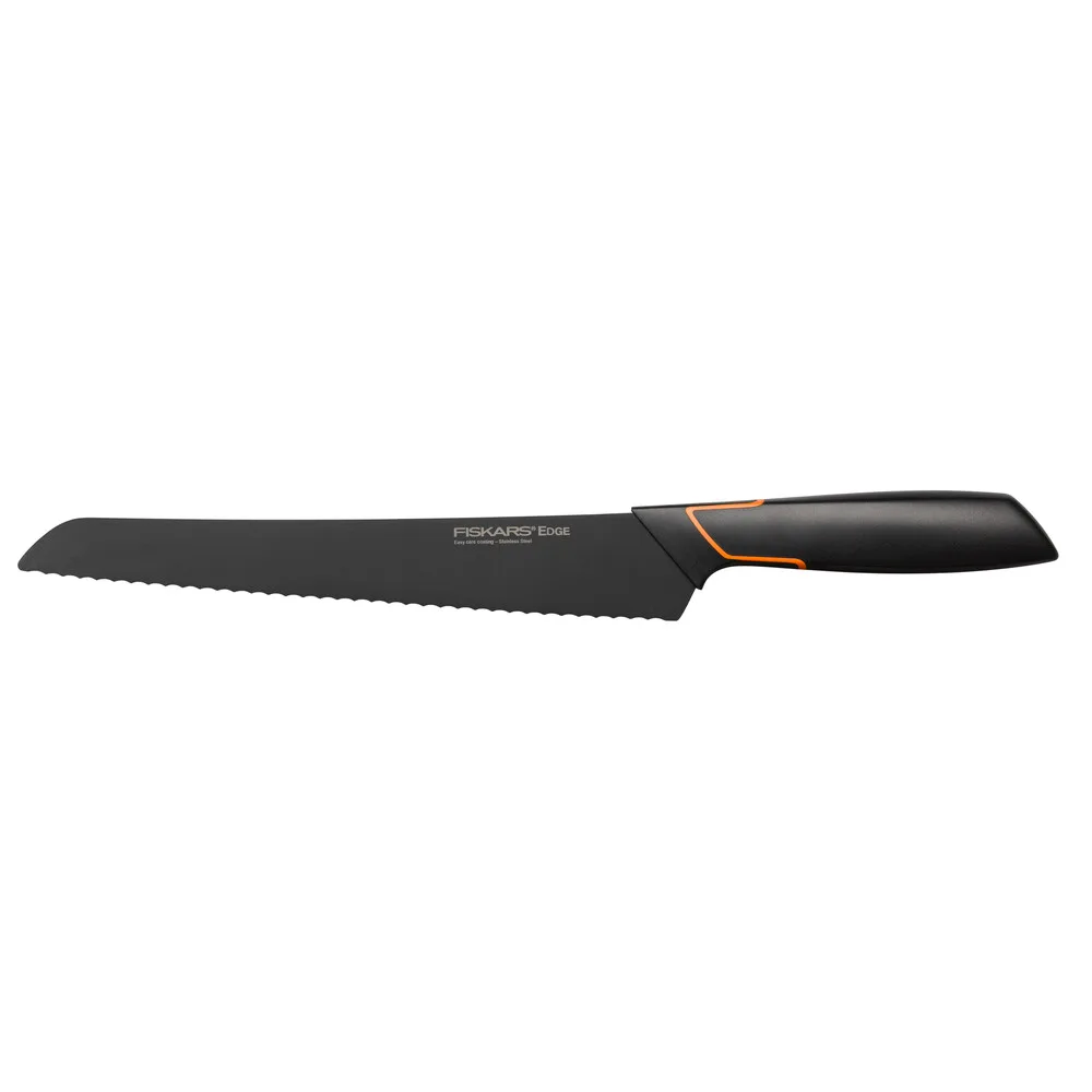 Нож для хлеба Fiskars Edge, 234 см из нержавеющей стали, пластиковой ручкой, черного цвета.