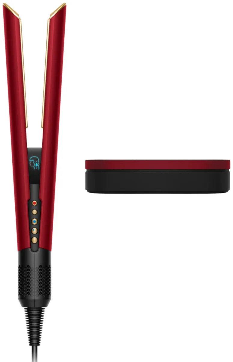 Випрямляч Dyson Airstrait HT01 у червоному оксамиті та золоті, з 3 температурними режимами (80-140°C) та OLED-дисплеєм.